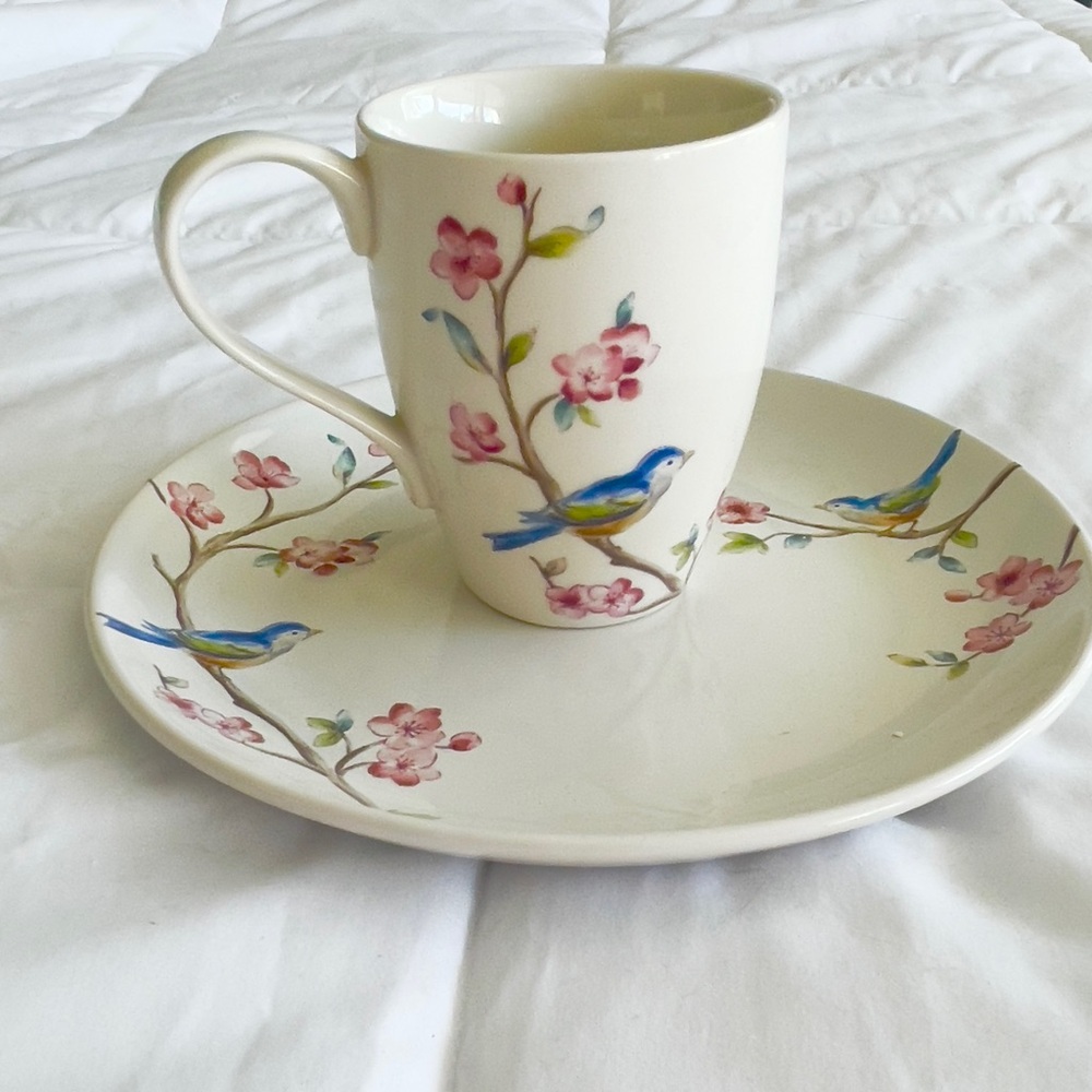 PTS Coventry Fine Porcelain Feathered Friends Salad Plate & Coffee Mug Coquette